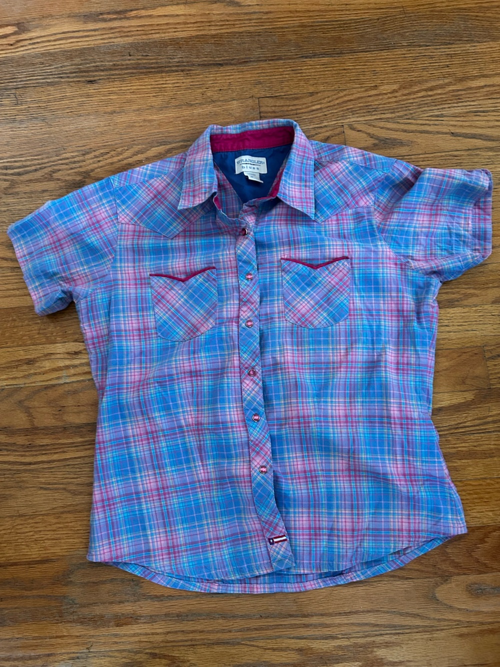 Wrangler Men’s Short Sleeve Plaid Button-Down Shirt in Blue & Pink